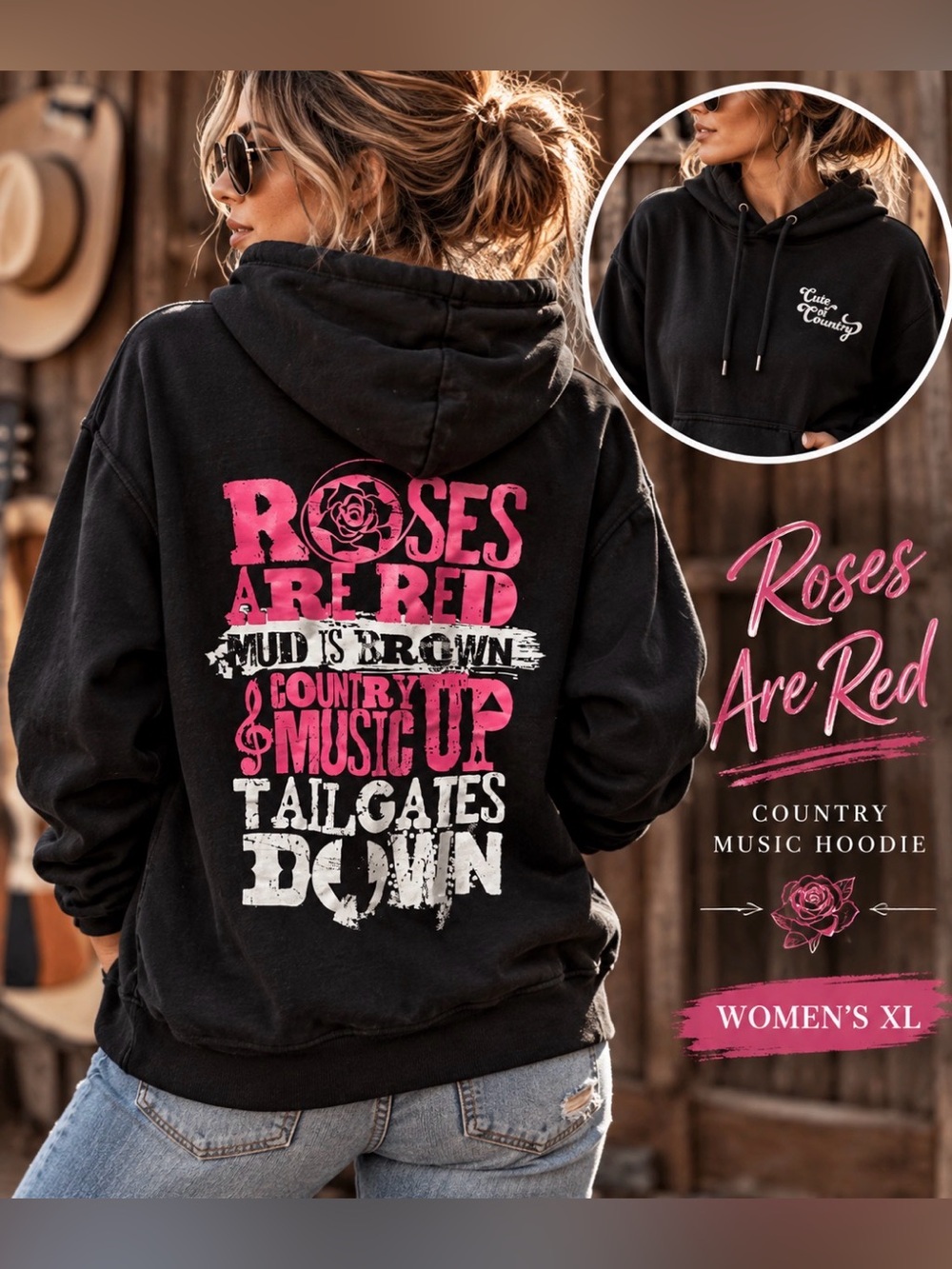 Women’s Black Hoodie with Pink & White 'Roses Are Red' Graphic